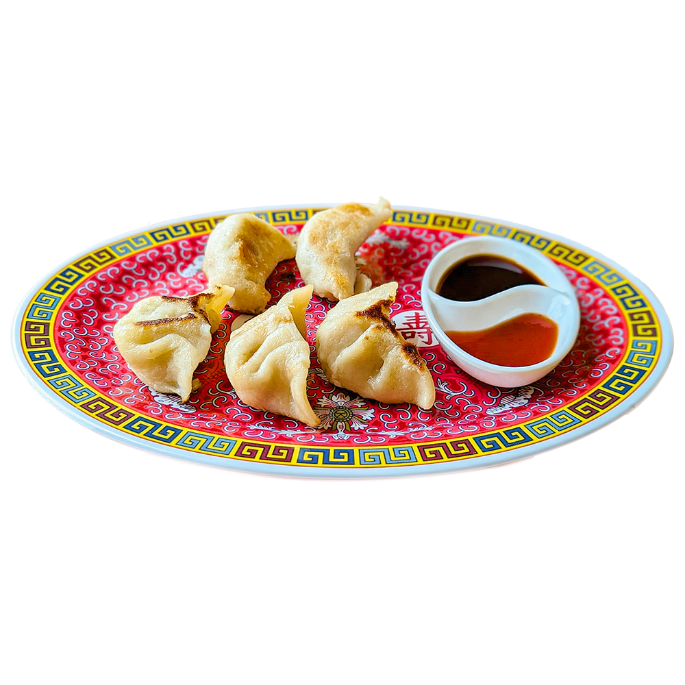 Gyozas servidas en plato rojo